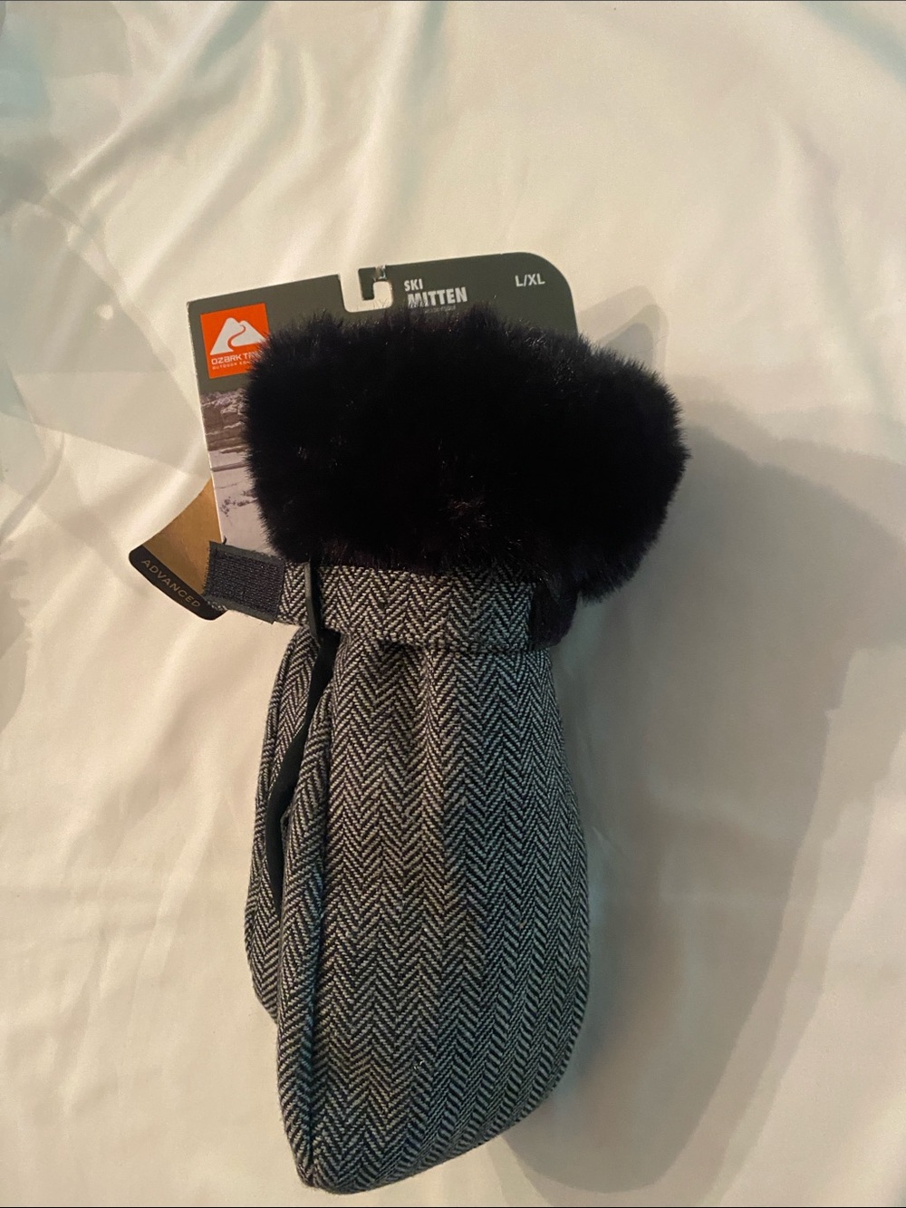 Ozark Trail Gray Herringbone Ski Mitten with Black Faux Fur Cuff